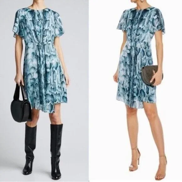 Elie Tahari  Dia Gathered Snake-Print Silk-Satin Mini Dress Turquoise Size 4 - Picture 3 of 15
